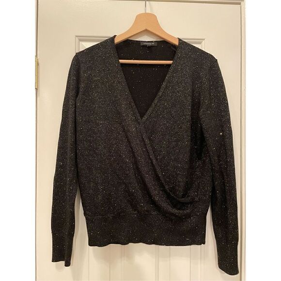 Lafayette 148 New York Sequin Metallic V-Neck Sweater Black Small Silk blend - Picture 3 of 10